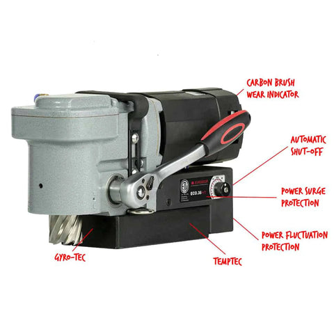 Heavy Hitter Magnetic Drill Press With A Beefy 9.5 Amp Motor showing features like power surge and fluctuation protection.