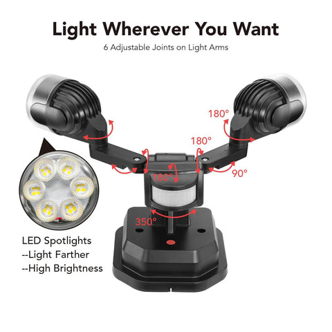Tough As Nails Adjustable Dual Head Hardwired LED Flood Light With Smart Motion Sensor For Rugged Outdoor Security Providing Straight Up 5000K Daylight Clarity And Smooth IP65 Waterproof Protection