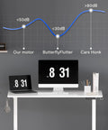 FLEXISPOT 40x24 Inch Electric Standing Desk White displaying sound level comparison chart with devices on a compact workspace.