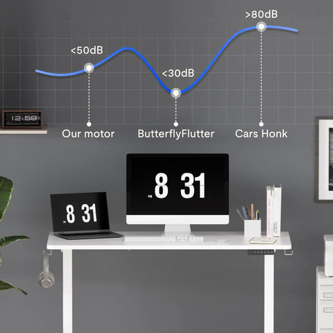 FLEXISPOT 40x24 Inch Electric Standing Desk White displaying sound level comparison chart with devices on a compact workspace.