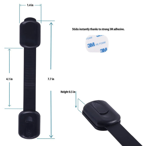 Six Pack Kid Safe Cabinet Locks With Tough 3M Adhesive No Drill Baby Proofing Latches, dimensions marked, black strap detail