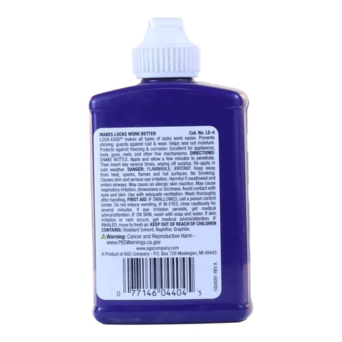 Back view of Graphite Powder Enhanced Lock Lubricant Stick LE4 Lock Ease 3.4 Oz bottle showing label and product details