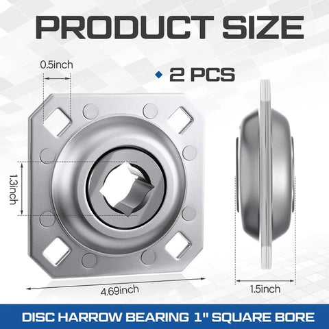 Two Pack 1 Inch Square Bore Disc Harrow Bearings With Four And A Half Inch Bolt Holes Heavy Duty Flange Bearing Units, dimensions shown