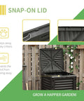Massive 80 Gallon Outdoor Compost Bin With Aerating Design And 48 Air Vents open with snap-on lid in a garden setting