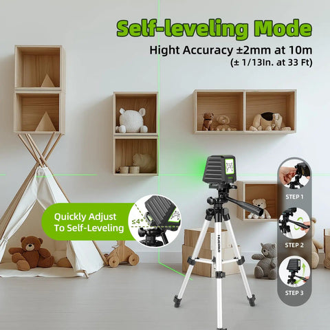 Green Cross Line Laser Level With 26 Inch Tripod, Self Leveling 150 Degree Beam, 150 Ft Indoor Range And 197 Ft Outdoor Pulse Mode, Worksite Ready For Pics, Picture Hanging, Tile, DIY And Construction Projects. Self-leveling laser on tripod in toy room