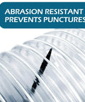 Close-up of heavy duty clear PVC dust collection hose with puncture resistance, 2.5 inch by 20 foot with carbon steel wire coil.