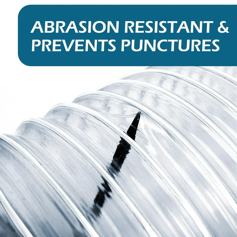Close-up of heavy duty clear PVC dust collection hose with puncture resistance, 2.5 inch by 20 foot with carbon steel wire coil.