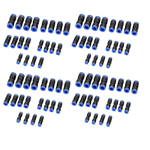 Rock Solid 80 Pcs Pneumatic Tube Connector Kit With PBT Air Hose Fittings And Zinc Alloy Adapters For Push To Connect PE PU PA PVC Nylon Tubing Up To 12mm OD, Perfect For High Pressure Air Line Jobs. Assorted straight pneumatic fittings