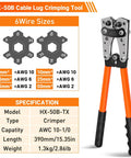 Battery Cable Lug Crimp Tool Kit With Copper Lugs Wire Cutter And Heavy Duty Case. HX-50B crimp tool with wire size chart.