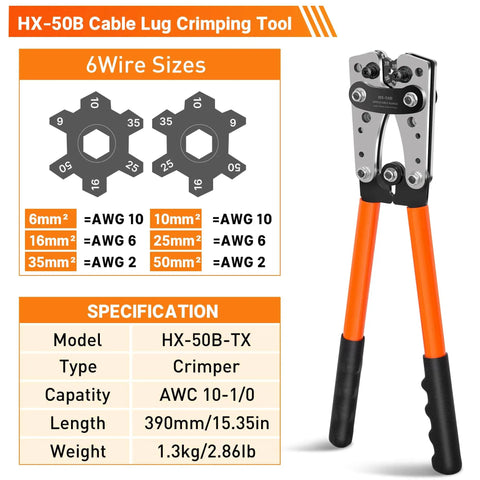 Battery Cable Lug Crimp Tool Kit With Copper Lugs Wire Cutter And Heavy Duty Case. HX-50B crimp tool with wire size chart.