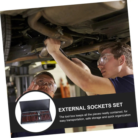 Two mechanics using Professional Spline And Star Bit Socket Set Featuring Ergonomic Comfort Handles Grease Monkey Garage Essential For Diy Auto Repair And Workshop Daily Maintenance under a car.