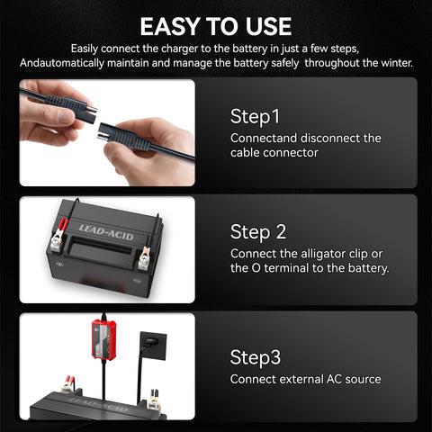 Connection steps for Automatic 12V 1A Smart Battery Charger And Maintainer, No Fuss Trickle Charger For Lead Acid Batteries, SLA VRLA GEL AGM WET