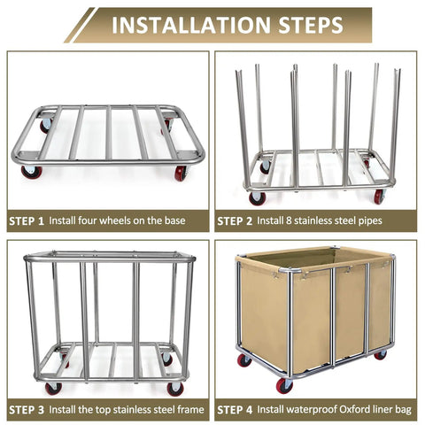 Heavy Duty Commercial Laundry Cart With Wheels Industrial Stainless Steel Linen Tote For Hotel Housekeeping assembly steps with steel frame and wheels.