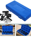 1/2-inch drive impact socket set in blue plastic carrying case, includes 8 black sockets and bit adapters.