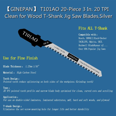 T Shank Jigsaw Blades Set 20 Pieces T101AO With Case, 3 inch, 20 TPI, high carbon steel, for woodworking, curved cuts