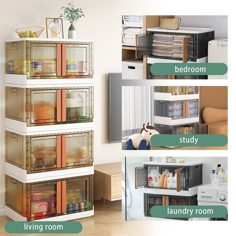 Ultra Large Collapsible Storage Bins With Lids Heavy Duty Plastic Stackable Containers in various home settings for organization.