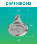 Earth Luxe High Efficiency Showerhead With 1.25 GPM Flow Chrome Finish Three Spray Settings Dimensions Illustrated