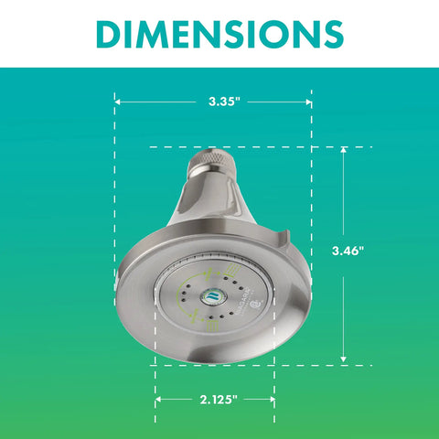 Earth Luxe High Efficiency Showerhead With 1.25 GPM Flow Chrome Finish Three Spray Settings Dimensions Illustrated