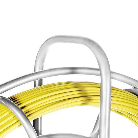 Fiberglass Fish Tape Reel For Flexible Wire And Cable Run Through Walls Ideal For Electrical Installations Heavy Duty Fishtape Puller 6mm Rodder With Superior Bend Radius And Pull Strength close-up showing yellow tape and metal frame.