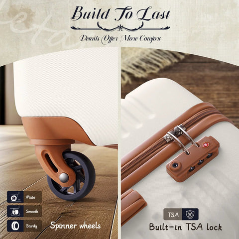 Close-up of Three Piece Luggage Set With 20 Inch Carry On, Backpack Or Duffel Option, TSA Lock, Spinner Wheels, Lightweight Hard Shell Travel Luggage in white showing spinner wheels and TSA lock.