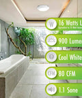 Bathroom Integrated LED Light Ceiling Mount Exhaust Ventilation Fan Quiet One Point One Sones 80 CFM White Finish