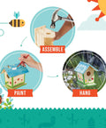 Build A Birdhouse Bungalow DIY Kit For Kids With Seven Wooden Pieces Paints Glue Brush And Hanging Chain shown in assembly, painting, and hanging stages.