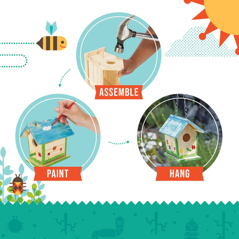 Build A Birdhouse Bungalow DIY Kit For Kids With Seven Wooden Pieces Paints Glue Brush And Hanging Chain shown in assembly, painting, and hanging stages.