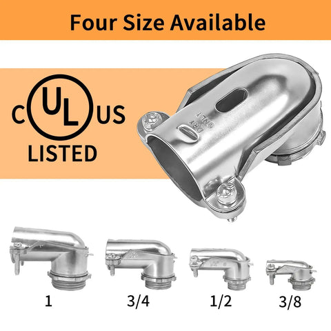 Rock Solid 6 Pack 90 Degree Squeeze Connectors for Half Inch Flexible Metal Conduit, zinc diecast with four sizes available.