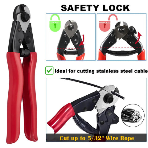 Hydraulic Crimping Tool And Cable Cutter Kit With 9 Dies For 1 Eighth To 3 Sixteenth Stainless Steel Cable Railing, Wire Swaging Tool And Lug Crimper, Cuts Up To Five Thirty Second Inch Stainless Cable, Works With Copper And Aluminum Wires. Safety lock cable cutter cutting 5/32 inch stainless steel wire rope