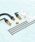 Wintap bathtub faucet set, 2-handle matte-black, 3-hole widespread deck-mount with brass valves and braided supply lines.