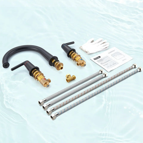 Wintap bathtub faucet set, 2-handle matte-black, 3-hole widespread deck-mount with brass valves and braided supply lines.