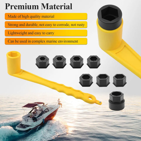 Yellow Universal Prop Wrench Kit With Floating Propeller Wrench And Nine Socket Sizes on water backdrop.