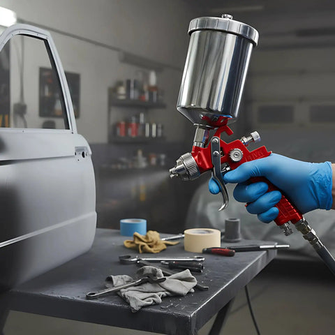 Heavy Duty HVLP Paint Spray Gun Kit Features Gravity Feed And Tweakable Air Valve With Five Precision Nozzles Plus A Tough Aluminum Cup in use.