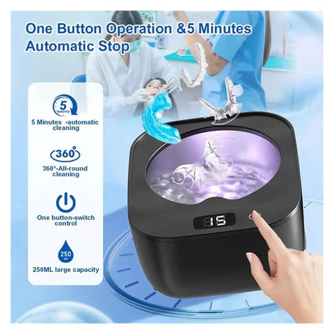 Slick White Ultrasonic Denture Washing Pod For Clear Retainers And Dainty Jewelry Fast Vibration Cycle scrubbing aligners.