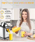 Healnitor 150W Electric Citrus Juicer with Two Cones, Stainless Steel Quiet Orange Juice Extractor in kitchen with juice pouring