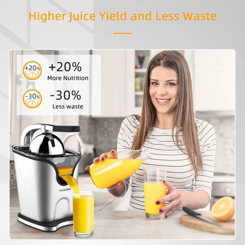 Healnitor 150W Electric Citrus Juicer with Two Cones, Stainless Steel Quiet Orange Juice Extractor in kitchen with juice pouring