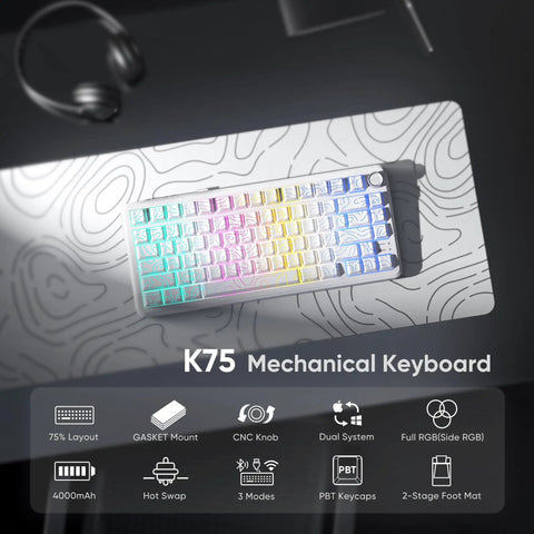 Dope Tri Mode Wireless Mechanical Keyboard With Hot Swappable Prelubed Coconut Switches Gasket Mount RGB Lighting in a 75% layout.
