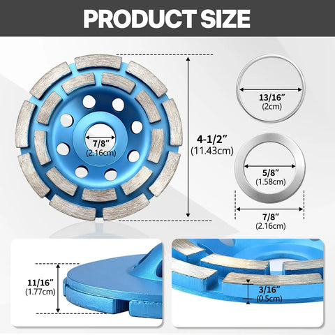 Four And One Half Inch Diamond Cup Grinding Wheel Double Row Heavy Duty Cup Disc With Seven Eighths To Five Eighths Inch Arbor Adapters
