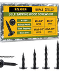 Black Wood Screw Set With Phillips Modified Truss Head Stainless Steel 410 Self Tapping Assortment For Wood And Metal 155 Pieces DIY Ready Sizes Three Quarters Inch To One And A Half Inch in packaging showing screws and Phillips bit