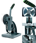 Semi Automatic Grommet Machine Heavy Duty Hand Press For Eyelets And Punching Includes 5000 Three Eighths Inch Grommets Easy Feeding Tool Perfect For Banners Awnings Posters And DIY Projects in gray metal with black and green handle, close-up views of parts.