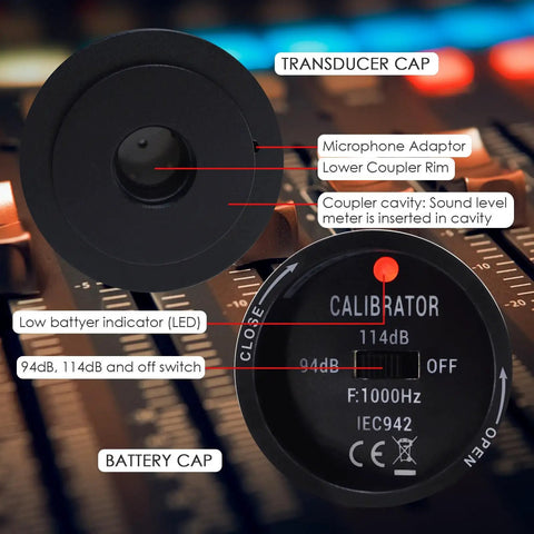 Easy To Use Sound Level Calibrator For Decibel Meters And Microphones With 94dB And 114dB Output Levels For One Inch And One Half Inch Mics Fast Calibration For Accurate Readings And Reliable Sonometer Calibration showing transducer cap and LED indicators