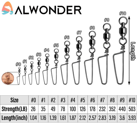 30 Pack Fishing Snap Swivels With High Strength Ball Bearing Swivel, Stainless Steel Coastlock Snaps, Black Nickel Coating, Built To Last In Freshwater And Saltwater, Corrosion Resistant, Size Four. Size #4 fishing snap swivel chart with 100 lb strength and 1.87 in length