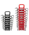 Stubby Combination Wrench Set With Holder Twenty Piece Inch And Metric Short Profile Wrenches Angled Open Ends For Tight Spaces Includes Black And Red Holders