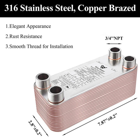 Beefy Built Tough 3x8 Inch Water To Water Brazed Plate Heat Exchanger With 20 Plates Copper And SS316L Stainless Steel diagram