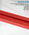 Parallel Guide Rail Extension Kit For Track Saw with inch scale showing length and section measurements in red CNC aluminum.