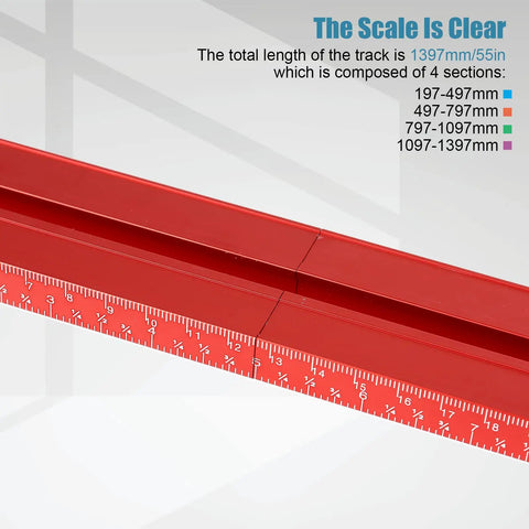 Parallel Guide Rail Extension Kit For Track Saw with inch scale showing length and section measurements in red CNC aluminum.
