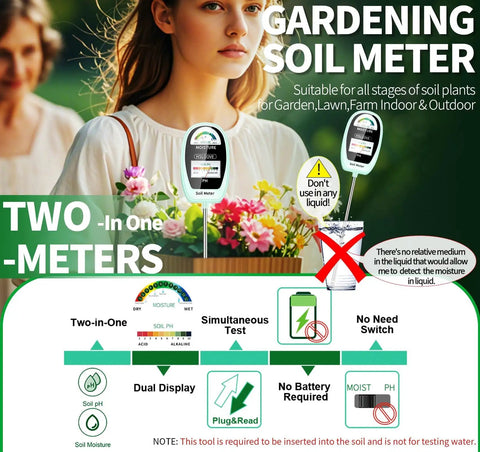 2 In 1 Soil Moisture And pH Meter Tester With Dual Screen For Plants Gardens Lawns And Indoor Outdoor Use No Guesswork For Smart Watering And Healthier Growth shown in use with flowers.