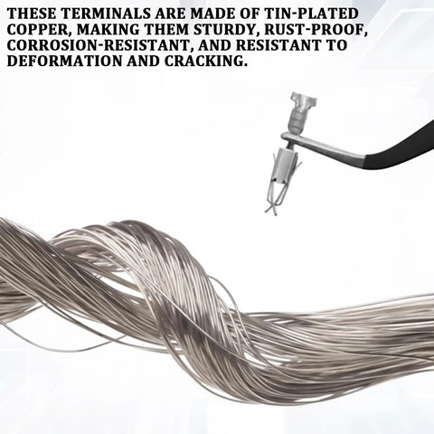 Tin-plated copper terminals and pliers from 290Pcs Automotive Electrical Wire Terminal Pins Kit With 21 Types Non Insulated Crimp Terminals For 12V Wiring Universal Fit For Cars Trucks SUVs Motorcycles Boats And Marine Applications Includes Male And Female Plug Removal Assortment.