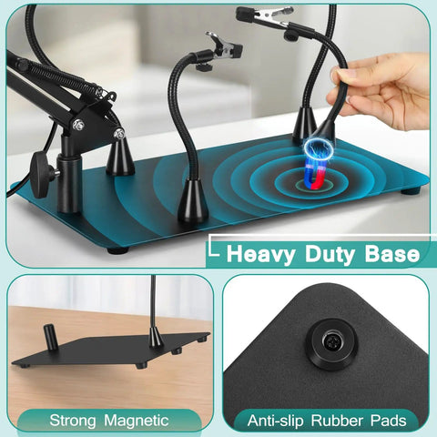 Helping Hands Soldering Station With 10X Magnifying Glass And LED Light Four Magnetic PCB Holder Arms Non Slip Weighted Base