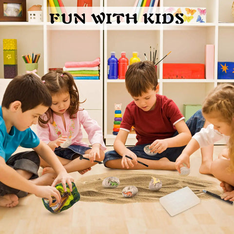 Children using Hands On Dino Fossil Dig Kit For Kids Ages 5 To 7 And 8 To 12 With Real Fossils Teeth Claws And Lava Stones 3D T-Rex Skeleton Build Egg Dig Kit Perfect Birthday Gift For Boys And Girls